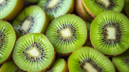 Close-up of halved kiwi, top view. The concept for the development of horticultural farms, small businesses, growing non-GMO products.
