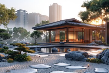 Tranquil Japanese Garden With Pond and Rocks