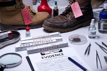 Shoe particle trace samples in crime lab, homicide investigation, concept image