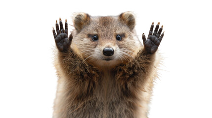 A curious raccoon with its paws up seemingly in a state of surprise or play, detailed fur and sharp claws on display