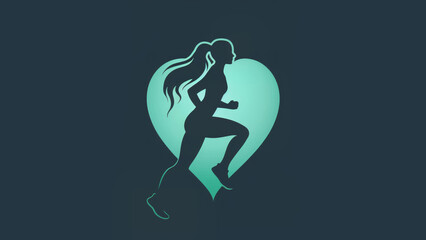 this logo of a icon of a heart shape and a woman jogging in the center, using tangent lines, symmetry, classical design, beauty, fitness. Solid green - obrazy, fototapety, plakaty