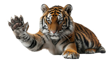 A realistically detailed image of a playful tiger cub, waving its paw as if saying hello, set...