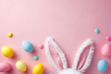 Toy fluffy bunny ears along with decorated eggs on a blue background create a frame with empty space in the middle for your text, Easter celebration concept, top view.
