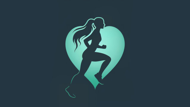 this logo of a icon of a heart shape and a woman jogging in the center, using tangent lines, symmetry, classical design, beauty, fitness. Solid green