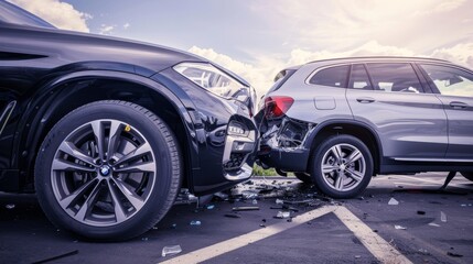 Two cars damaged in head on collision on street, car crash resulting in damaged vehicles - obrazy, fototapety, plakaty