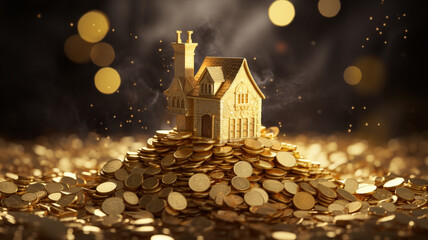 a house situated on top of a pile of gold coins, symbolizing wealth, prosperity, or financial success.