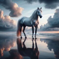 An elegant mustang standing on the beach under cloudy evening sky backdrop, harmonius reflection - obrazy, fototapety, plakaty
