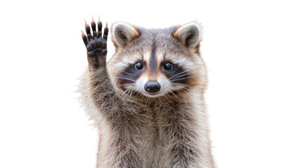 Captivating image of a raccoon with an uplifted paw, offering a sense of engagement and friendliness in a clean setting - obrazy, fototapety, plakaty