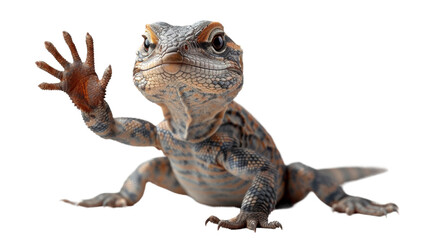 Vividly colored lizard reaching out with clawed hand, a striking subject against the pure white background