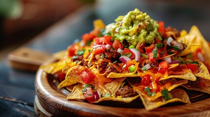 Cheese nachos with meat, guacamole and salsa on a wooden plate - obrazy, fototapety, plakaty