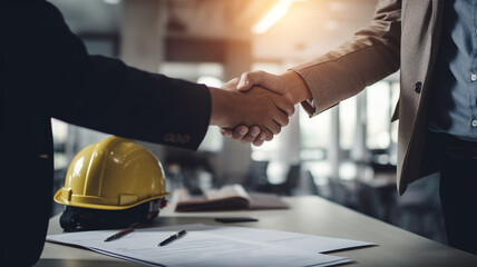A businessman and an engineer shaking hands, symbolizing collaboration and partnership between business and technical expertise. - 747249491