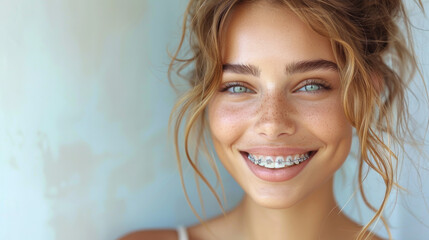 Close up portrait of a woman smiling showing her white teeth with braces. Even teeth from wearing braces. The concept of a dentist and an orthodontist. - obrazy, fototapety, plakaty