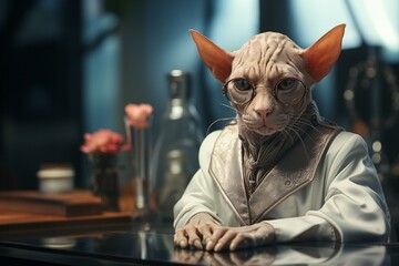 Bald sphinx cat as a doctor of alternative medicine. Satirical vision of naturopathy, homeopathy, osteopathy. - obrazy, fototapety, plakaty