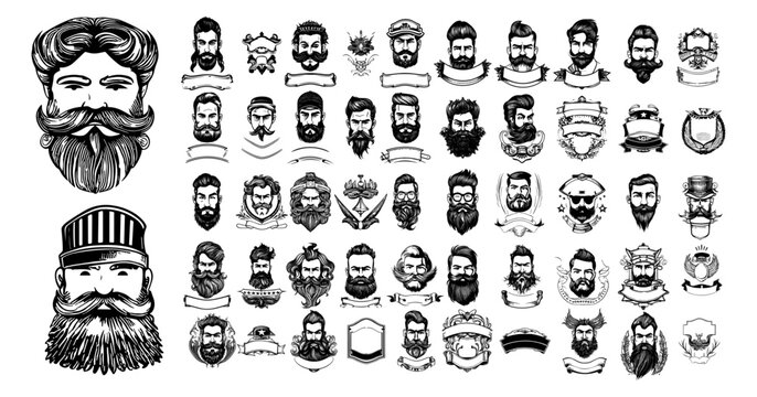 Barber logos, stylish bearded and mustachioed men. Barbershop vintage retro emblems, barbershops black and white colors. Man face with beard and mustache vector label set isolated on white background