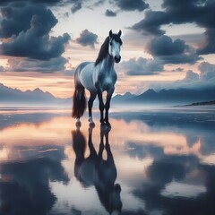 An elegant mustang standing on the beach under cloudy evening sky backdrop, harmonius reflection - obrazy, fototapety, plakaty