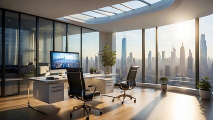 Remote Work with Advanced Telecommunication Technologies in a Work Office Setup. Modern Office Scene with a Panoramic View of the City.