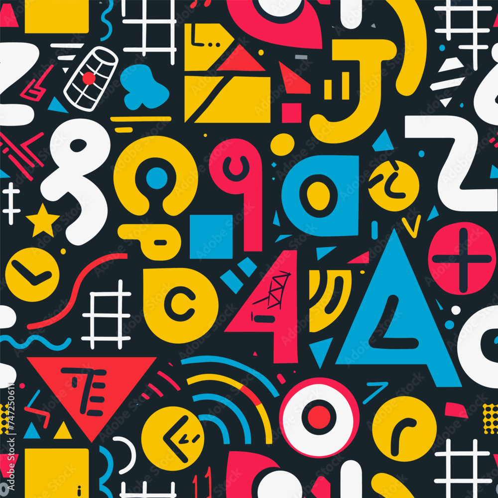 Poster bright geometric abstract shapes seamless pattern. mathematical symbols, colorful numbers letters ob
