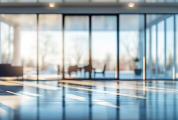 Dining area with open glass doors and windows, in the style of bokeh, uhd image, brushwork, defocused lens flare, architectural, landscape-focused.