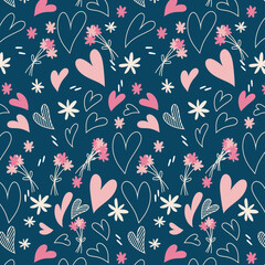 Beautiful seamless pattern with hearts, flowers and leaves. Cute print