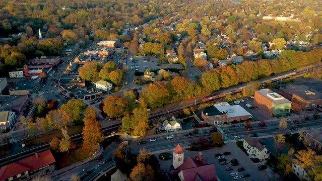 Aerial of MBTA commuter train in town of Belmont