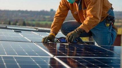 Solar Panel Installation by a Dedicated Engineering Worker. Green Energy and Eco-Conscious Innovations. Environmental Ecosystem. Renewable and Clean Energy.