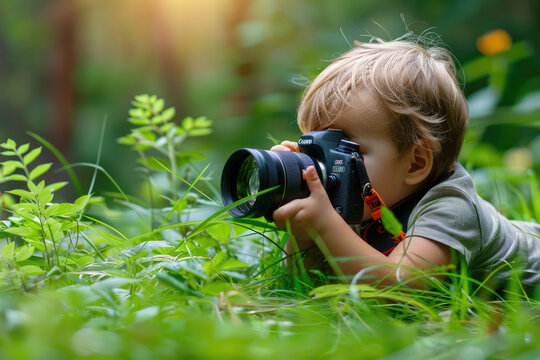 a little kid using a camera to take photograph in nature