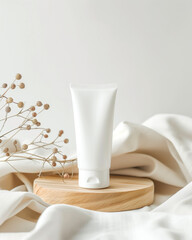 Elegant Skincare Tube Mockup on Wooden Stand with Soft Fabric and Dry Flowers.