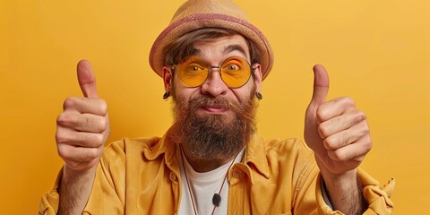 Bizarre bearded man in round glasses makes an approving gesture with hands thumbs , concept of Unconventional appearance - obrazy, fototapety, plakaty