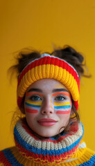 Vertical banner with copyspace for text. Beautiful young Hispanic brunette woman in multicolored warm winter sweater, woolen headband, with stripes of red and blue paint on her cheek looks at camera
