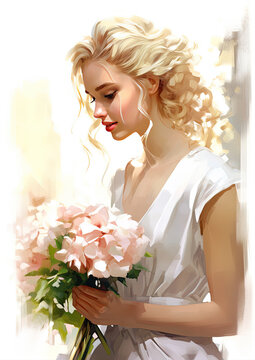 Portrait of a beautiful blonde bride with wedding flowers.