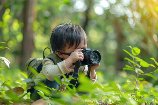 a little kid using a camera to take photograph in nature