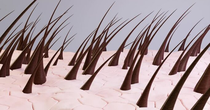 3D animation showing the removal of dandruff, leaving behind a clear layer of skin. The process includes removing problem skin, such as dermatitis and keratinized layers, while peeling.