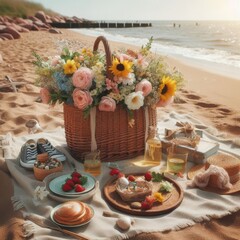 A picnic on the beach with a basket full of spring flowers