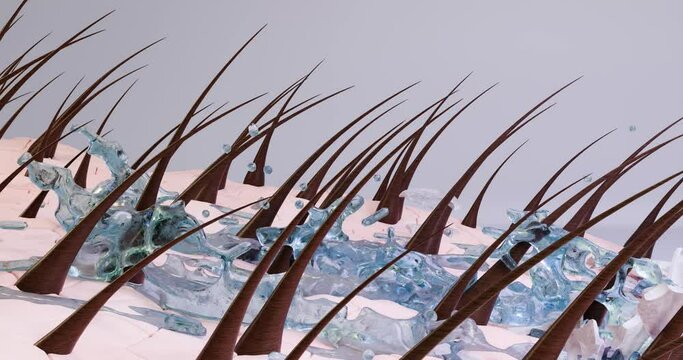 "3D animation showing the cleansing of the skin and hair layers using liquid. The stylized animation shows the process of removing problematic skin, dandruff, keratinized layers, substances, foam and 