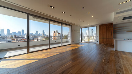Obraz premium Room, interior and windows with an empty space in a modern home or office during summer. Business, home and wood floors in a luxury apartment for design, architecture or simplicity with views