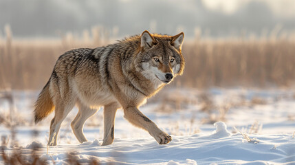 A wolf walking through a snowy landscape with golden backlighting.
