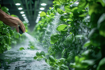 Inside view of an aeroponic misting chamber, technician adjusting nozzle, mist and light create a surreal scene, perfect for advanced farming technology features.