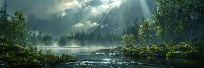Sunbeams over a mystical mountain lake with lush greenery. Digital painting of serene nature landscape. Tranquil wilderness and exploration concept. Design for poster, wallpaper, and print. - obrazy, fototapety, plakaty