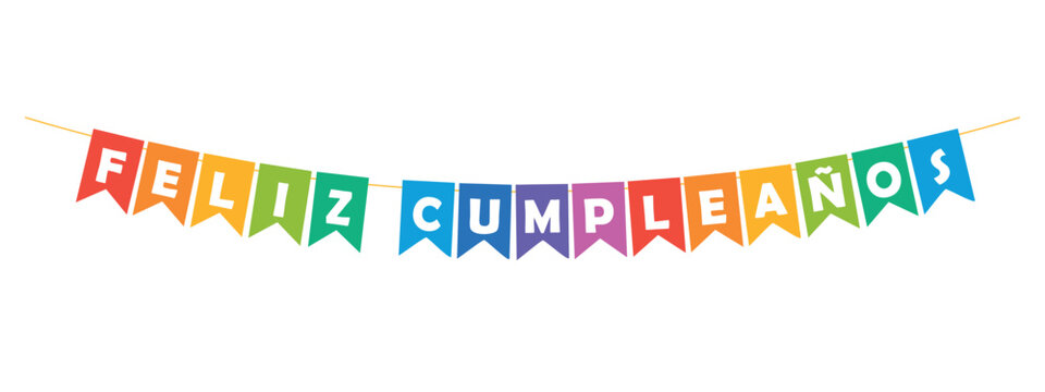 happy birthday in spanish, feliz cumpleanos bunting garland, colorful pennants with white letters, party lettering banner, birthday card, vector illustration