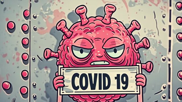 Angry corona virus hold covid-19 sign. Police mug shot photograph. Cartoon pandemic evil microbe mugshot. Art illustration. Coronavirus arrest. Epidemic infection sits in prison. Jail photo.
