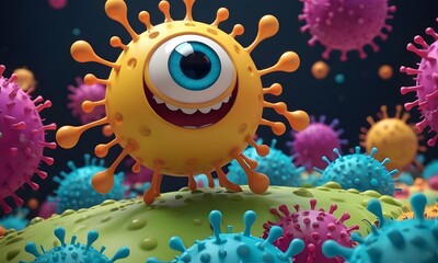 Fototapeta na wymiar This image presents a whimsical virus-like character with a single large eye, surrounded by smaller colorful entities. The character stands out with its playful and exaggerated features. AI Generative