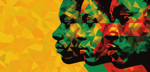 Faces of African American a woman and men, geometric pattern, copy space