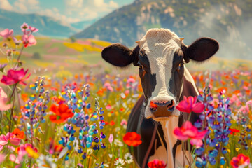 A black and white cow in a field of colorful wildflowers, mountain landscape in background.