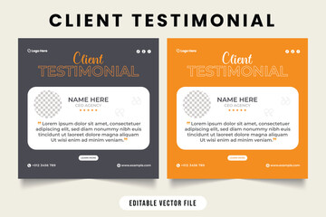 Business review testimonial design with dark gray and yellow colors. Client testimonial and feedback layout design. Customer satisfaction and work rating template. Client work rating template. - obrazy, fototapety, plakaty