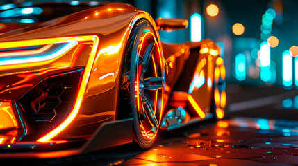 Close up of an orange futuristic sports car. Exterior details