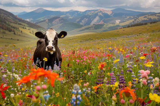 A black and white cow in a field of  wildflowers, mountain landscape in background.