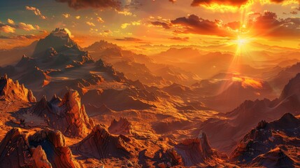 Panoramic view of colorful sunrise or sunset in mountains. Beautiful sky and rocks. Aerial view. Prehistoric earth. Ai-generated.