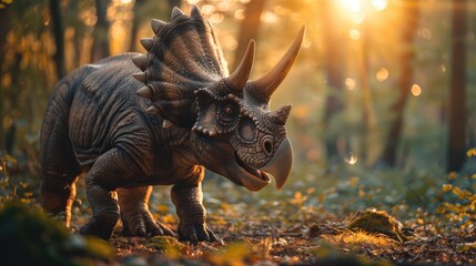 Fototapeta premium AI-generated majestic dinosaurs in a prehistoric landscape. Triceratops. The concept of time when dinosaurs ruled the Earth.