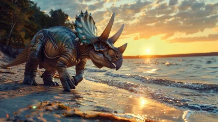 Foto op Plexiglas AI-generated majestic dinosaurs in a prehistoric landscape. Triceratops. The concept of time when dinosaurs ruled the Earth. © Acronym