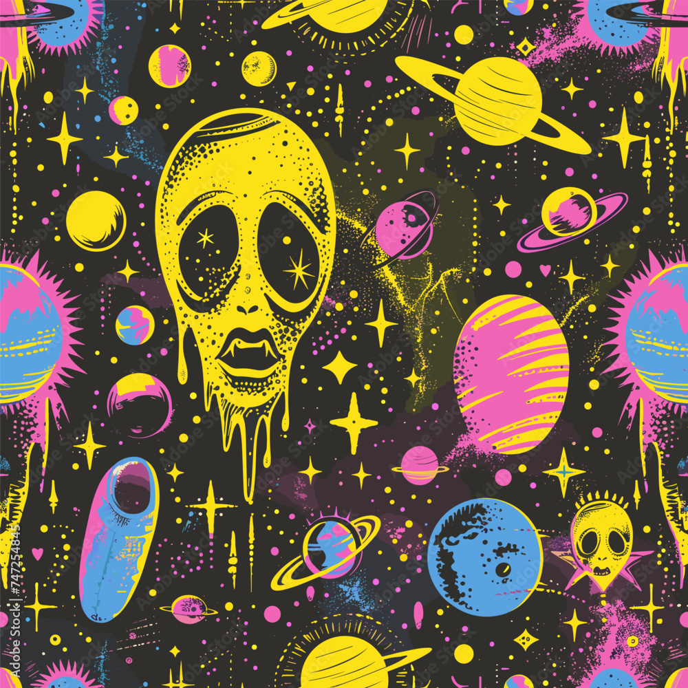 Aufkleber hostile space seamless pattern. space alien planets in neon colors, retro style. vector abstract bac